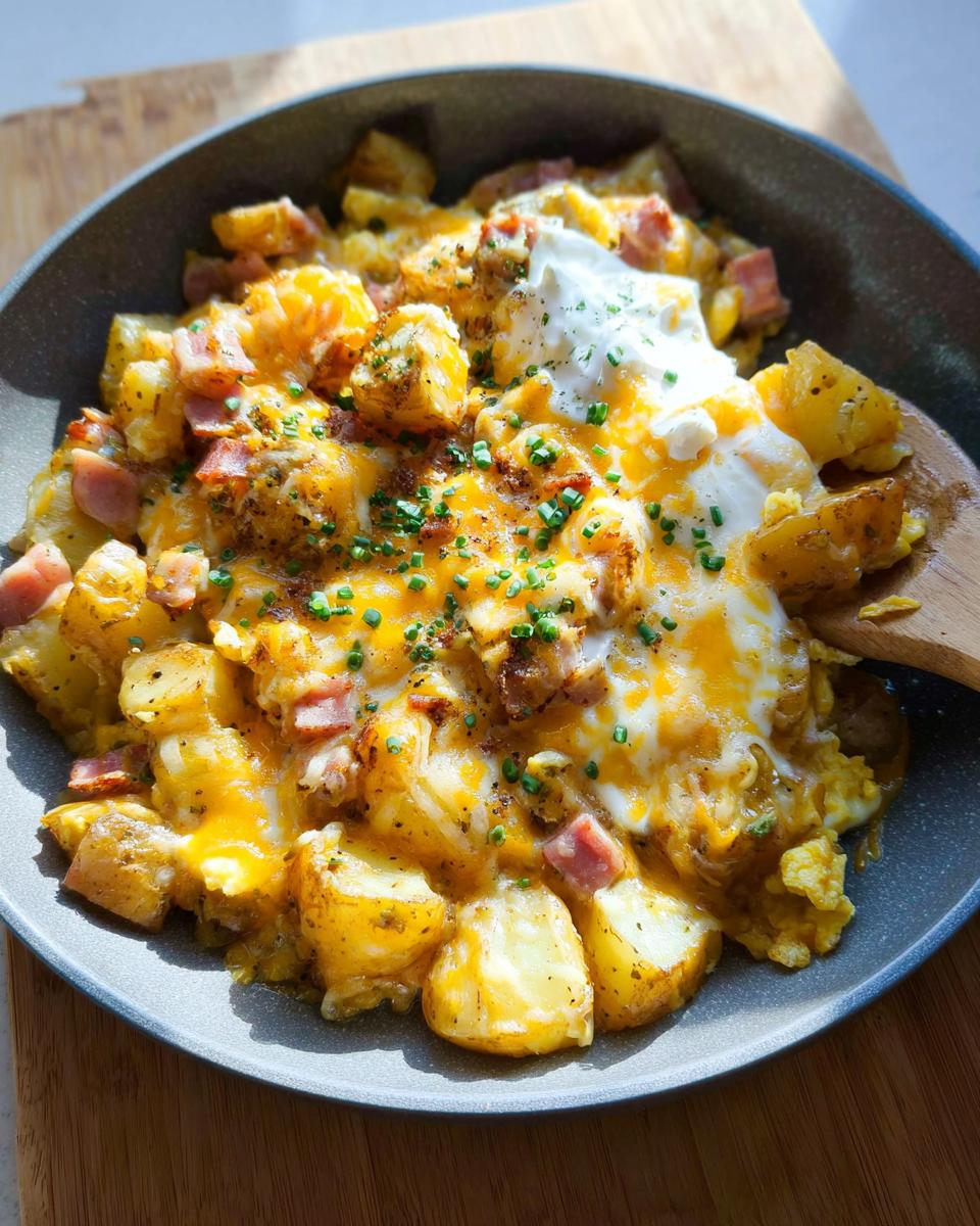 A close-up of a Cheesy Potato Egg Scramble in a pan, topped with melted cheddar cheese, sour cream, and chives.
