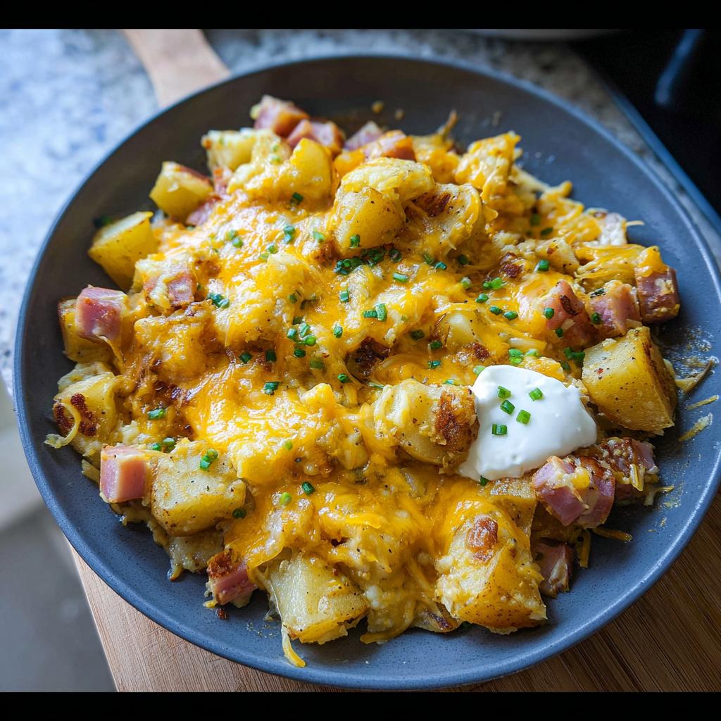 A close-up of a Cheesy Potato Egg Scramble with chunks of ham and topped with melted cheddar cheese and chives.