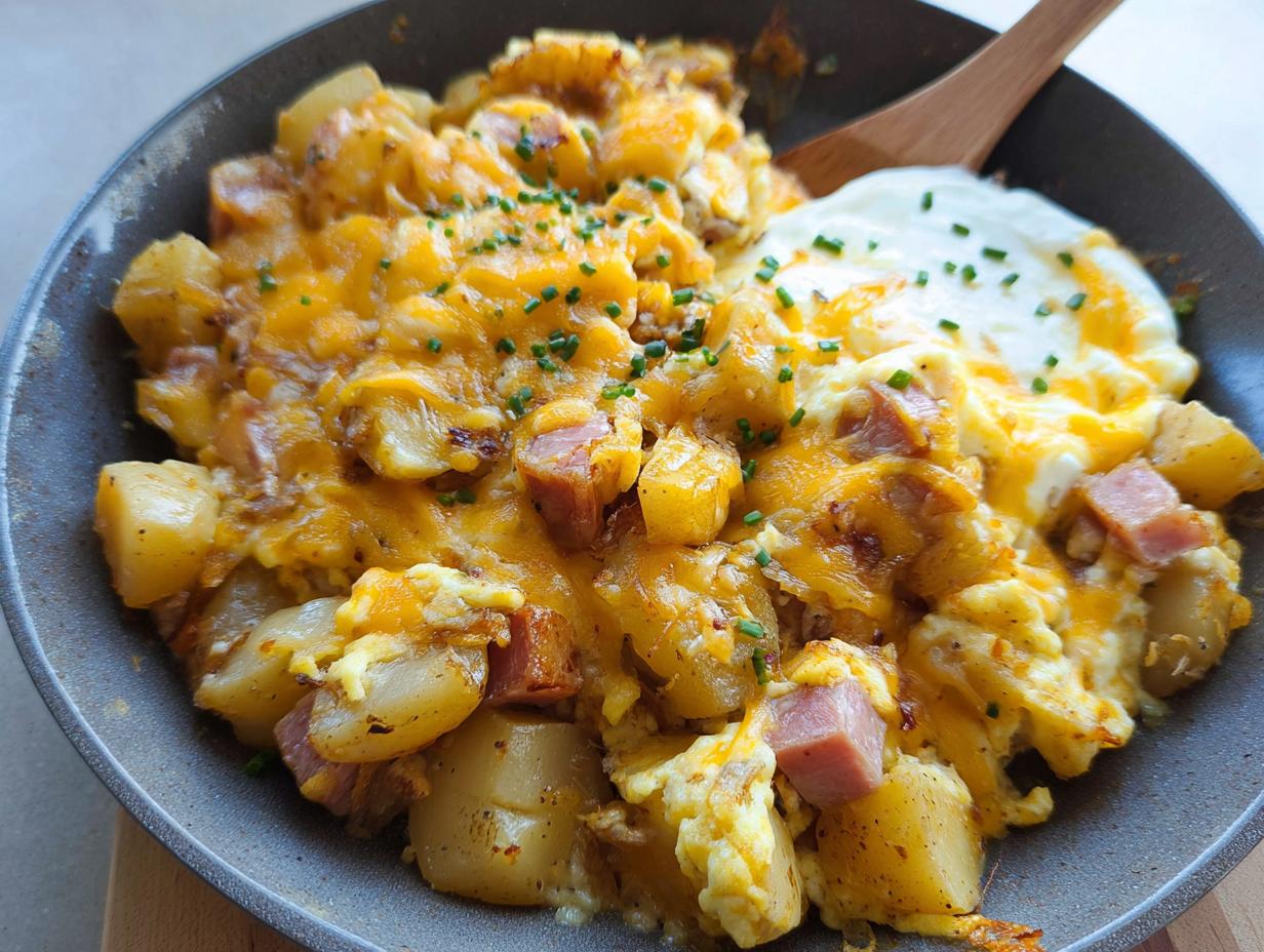 A close-up of a Cheesy Potato Egg Scramble in a skillet, topped with melted cheddar cheese and chives.