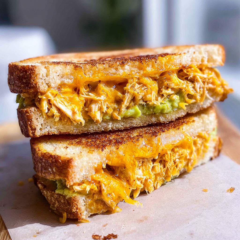 A close-up of a stacked Chicken Avocado Melt Sandwich with gooey melted cheese and creamy avocado.