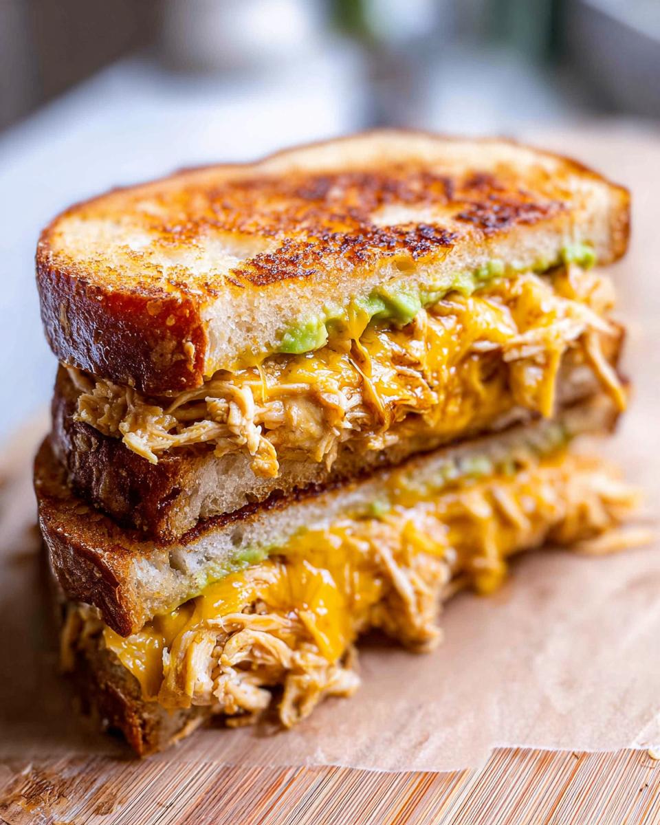 A stacked Chicken Avocado Melt Sandwich with melted cheese and avocado on toasted bread.