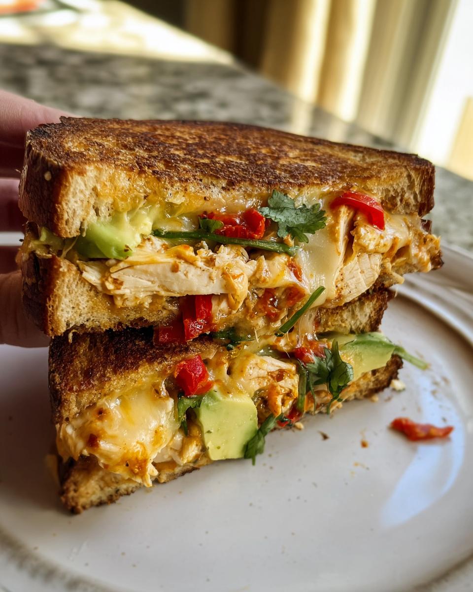 A close-up of a perfectly grilled CHICKEN AVOCADO MELT SANDWICH, overflowing with chicken, avocado, cheese, and red peppers.
