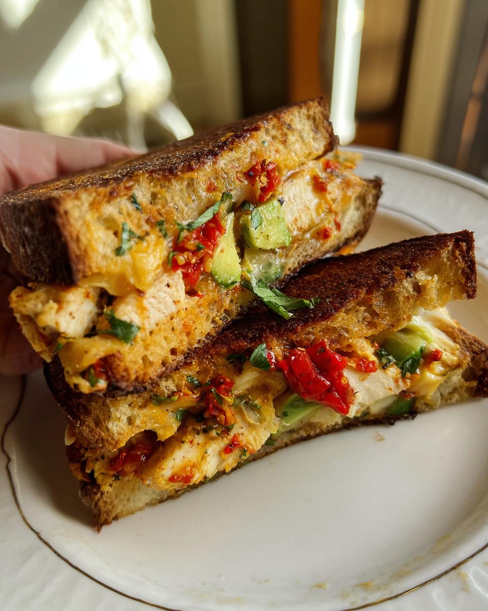A close-up of a grilled CHICKEN AVOCADO MELT SANDWICH, cut in half, revealing chicken, avocado, and melted cheese.