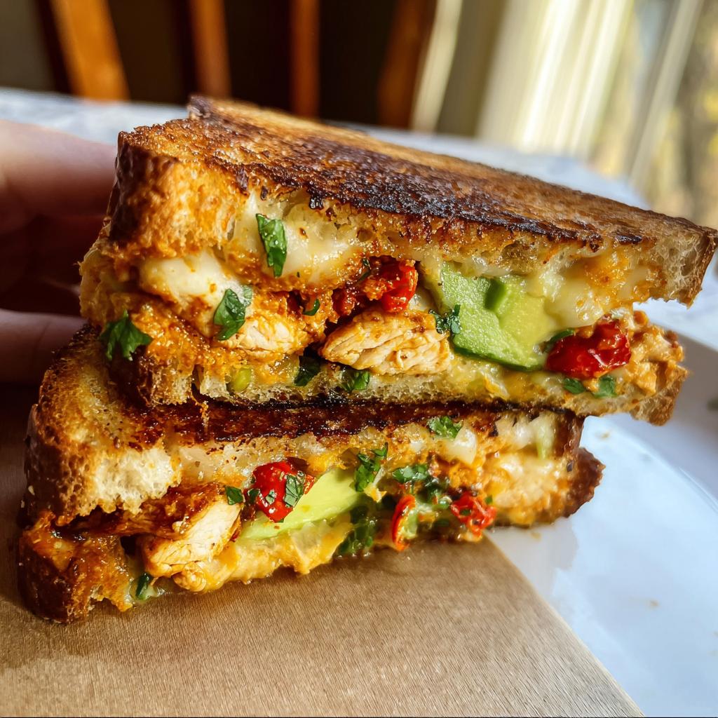 A close-up of a perfectly grilled CHICKEN AVOCADO MELT SANDWICH, oozing with cheese and filled with chicken, avocado, and sun-dried tomatoes.