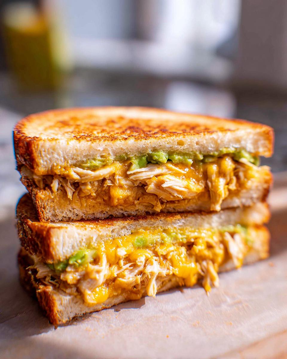 A close-up of a halved Chicken Avocado Melt Sandwich, showing shredded chicken, melted cheese, and avocado.
