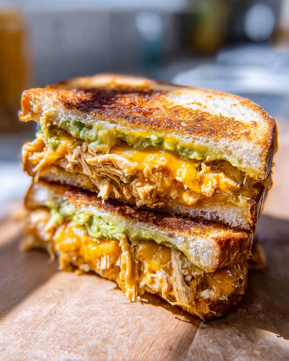 A close-up of a stacked Chicken Avocado Melt Sandwich with melted cheese and shredded chicken.