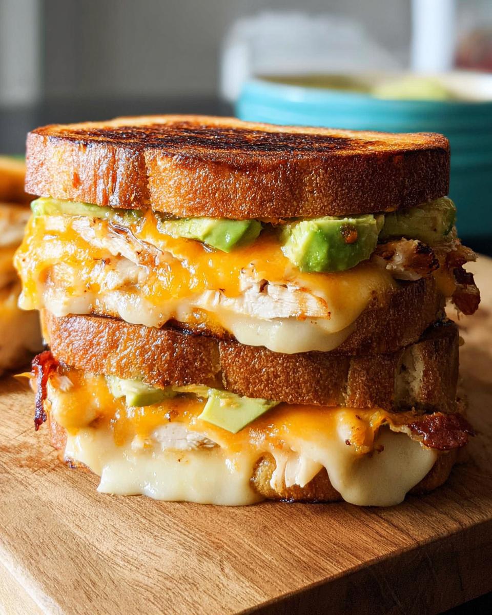 A stacked Chicken Avocado Melt Sandwich with melted cheese, avocado slices, and toasted bread on a wooden board.