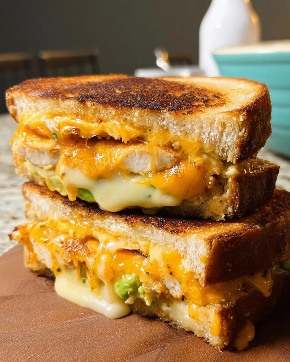 Close-up of a stacked Chicken Avocado Melt Sandwich with gooey melted cheese and visible chicken and avocado.