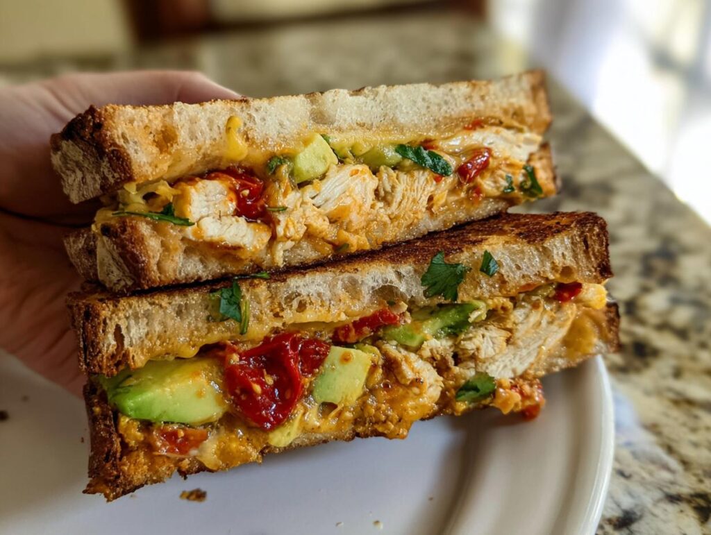 A close-up of a stacked CHICKEN AVOCADO MELT SANDWICH with toasted bread, creamy avocado, shredded chicken, and sun-dried tomatoes.