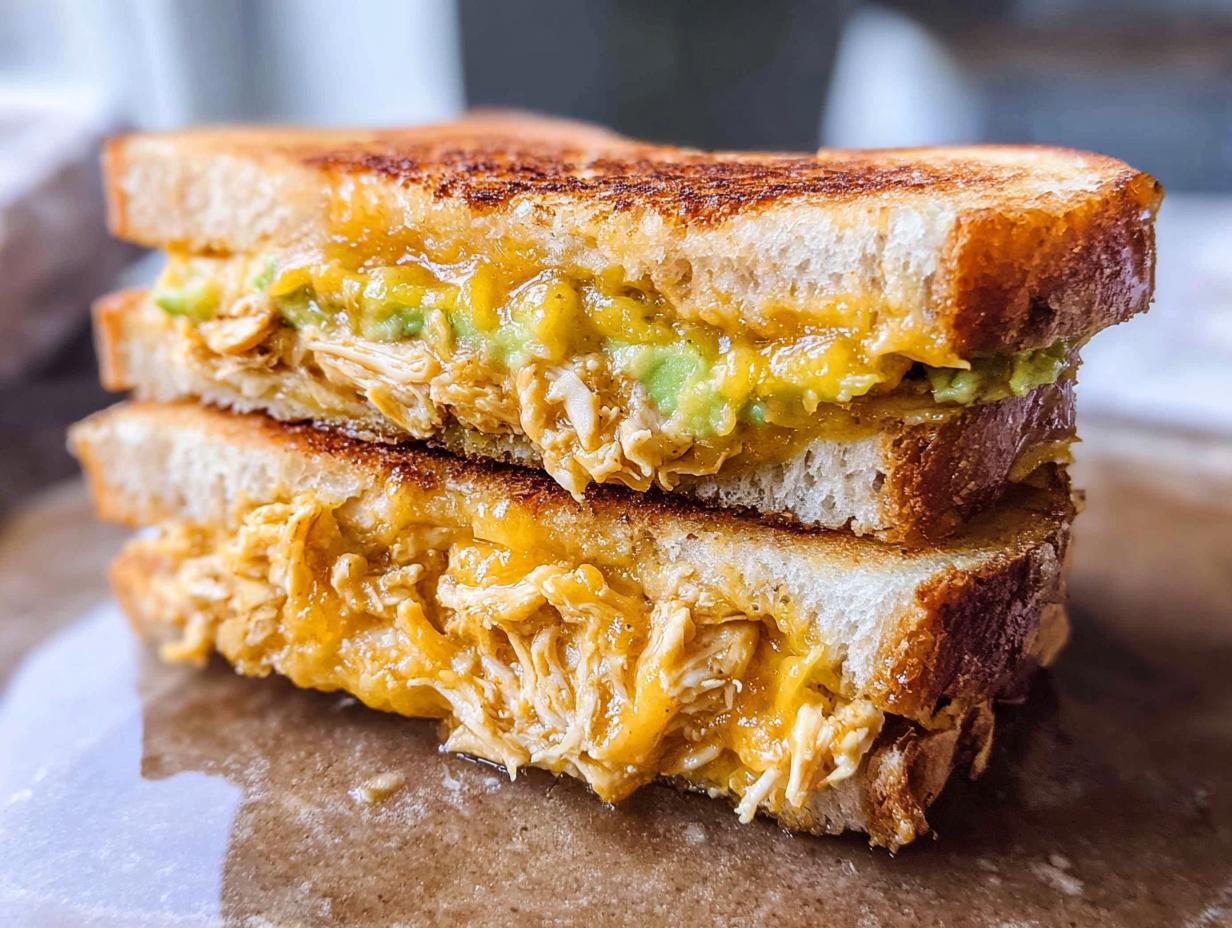 A close-up of a stacked Chicken Avocado Melt Sandwich, showing melted cheese, shredded chicken, and avocado.