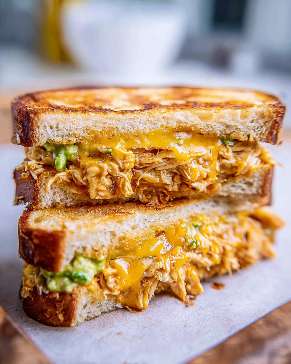 Close-up of a stacked Chicken Avocado Melt Sandwich with toasted bread and melted cheese.