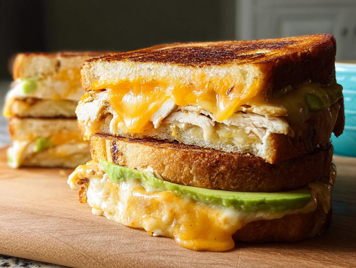 A close-up of a stacked Chicken Avocado Melt Sandwich with melted cheese and avocado slices.