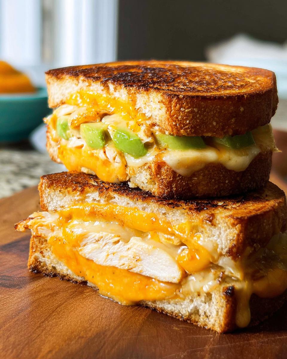 A close-up of a stacked Chicken Avocado Melt Sandwich with melted cheese and grilled bread.