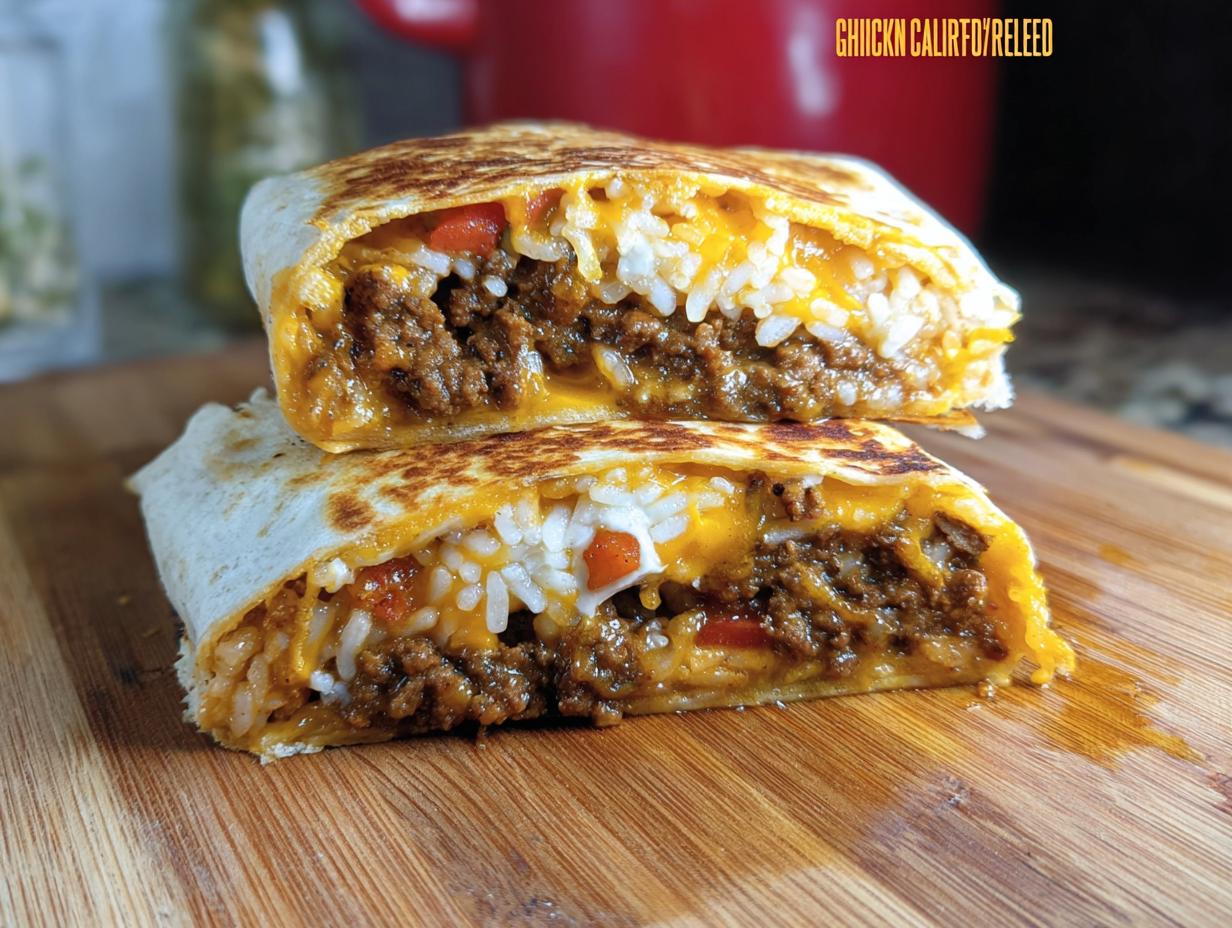A Chicken Crunch Wrap cut in half, revealing seasoned ground chicken, rice, melted cheese, and diced tomatoes.