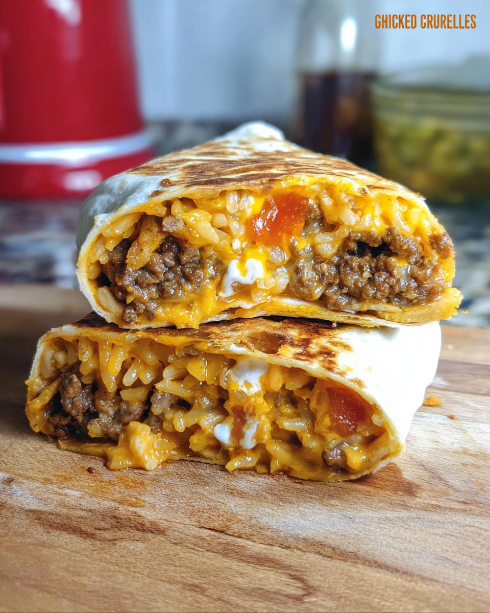 A delicious Chicken Crunch Wrap cut in half, showing the layers of seasoned ground chicken, rice, cheese, and sauce.