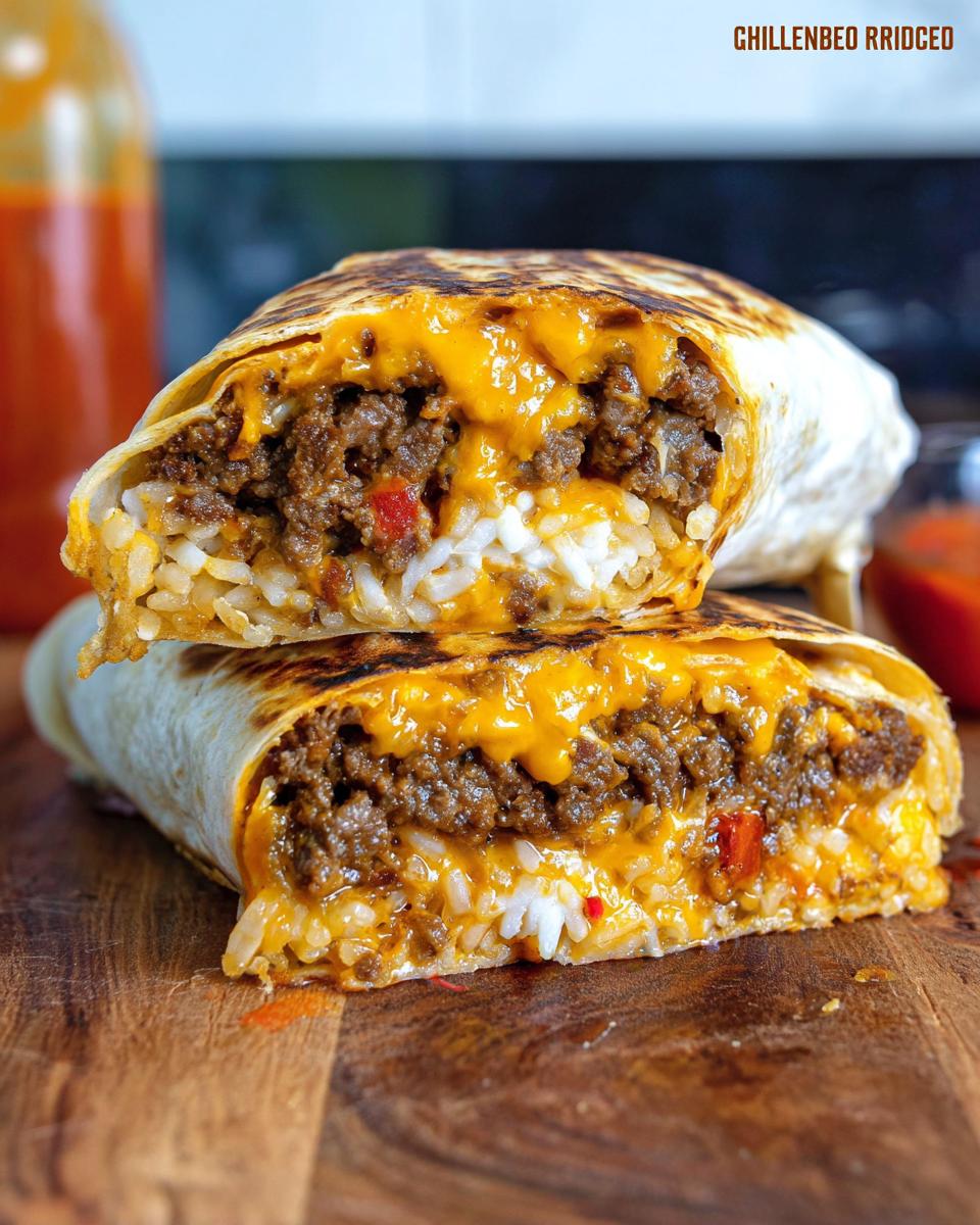 A close-up of a Chicken Crunch Wrap cut in half, revealing seasoned ground chicken, rice, and melted cheddar cheese.