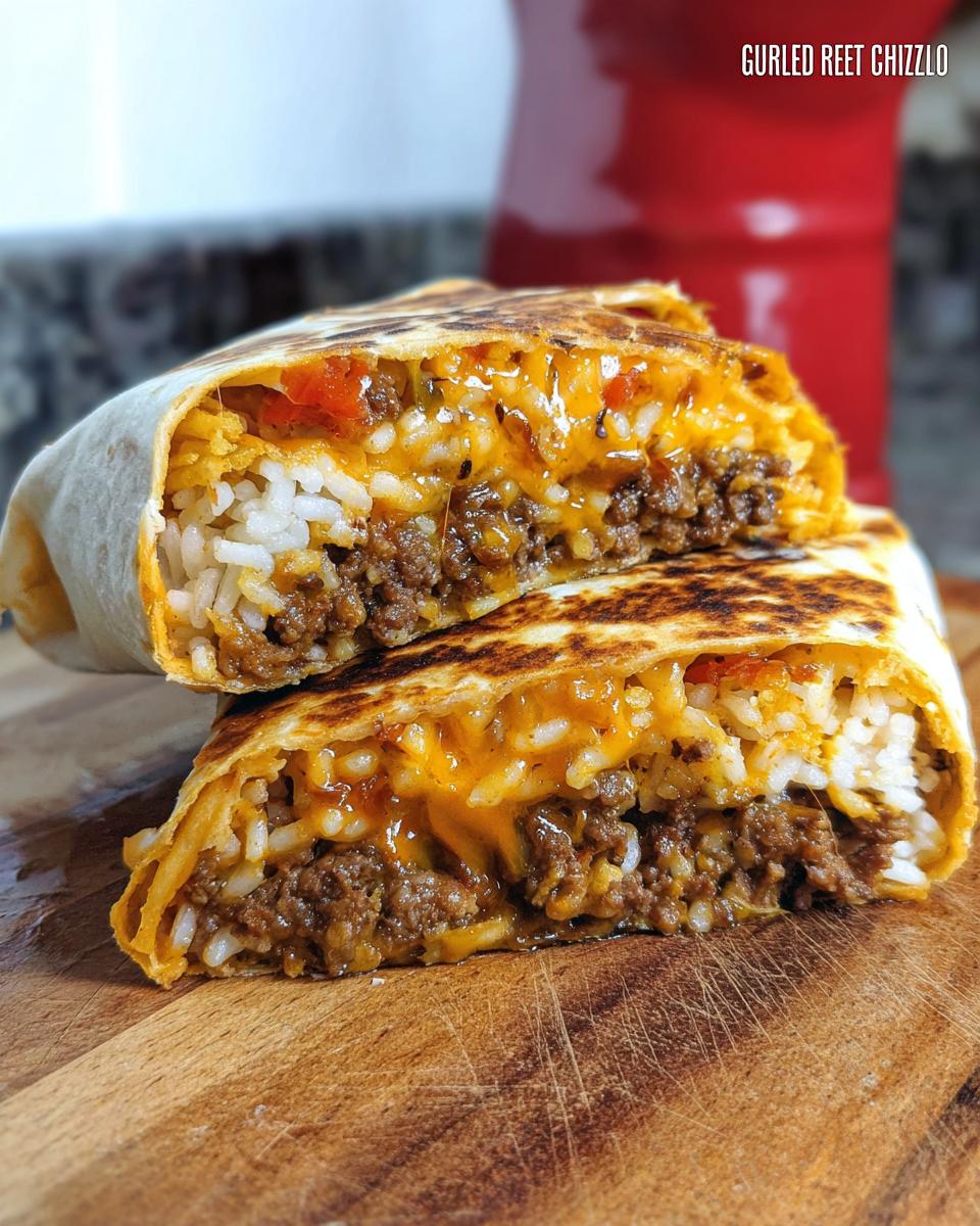 A cross-section of a Chicken Crunch Wrap showing seasoned ground meat, white rice, melted cheese, and diced tomatoes.