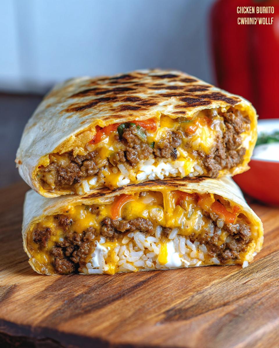 A close-up of a Chicken Crunch Wrap cut in half, revealing seasoned ground chicken, rice, melted cheese, and peppers.