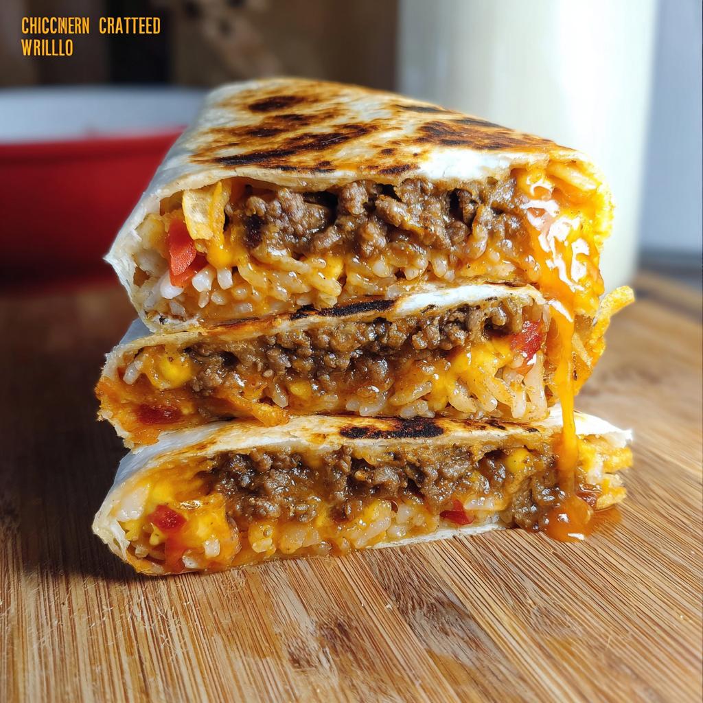 A stacked Chicken Crunch Wrap, cut in half, revealing seasoned ground meat, rice, vegetables, and melted cheese.