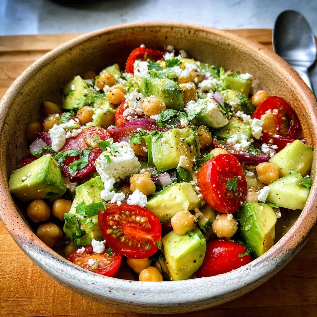 A vibrant Chickpea Feta Avocado Salad with cherry tomatoes, red onion, and feta cheese, garnished with parsley.