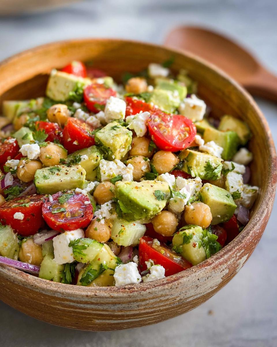 A vibrant bowl of Chickpea Feta Avocado Salad with cherry tomatoes, cucumber, red onion, and fresh herbs.