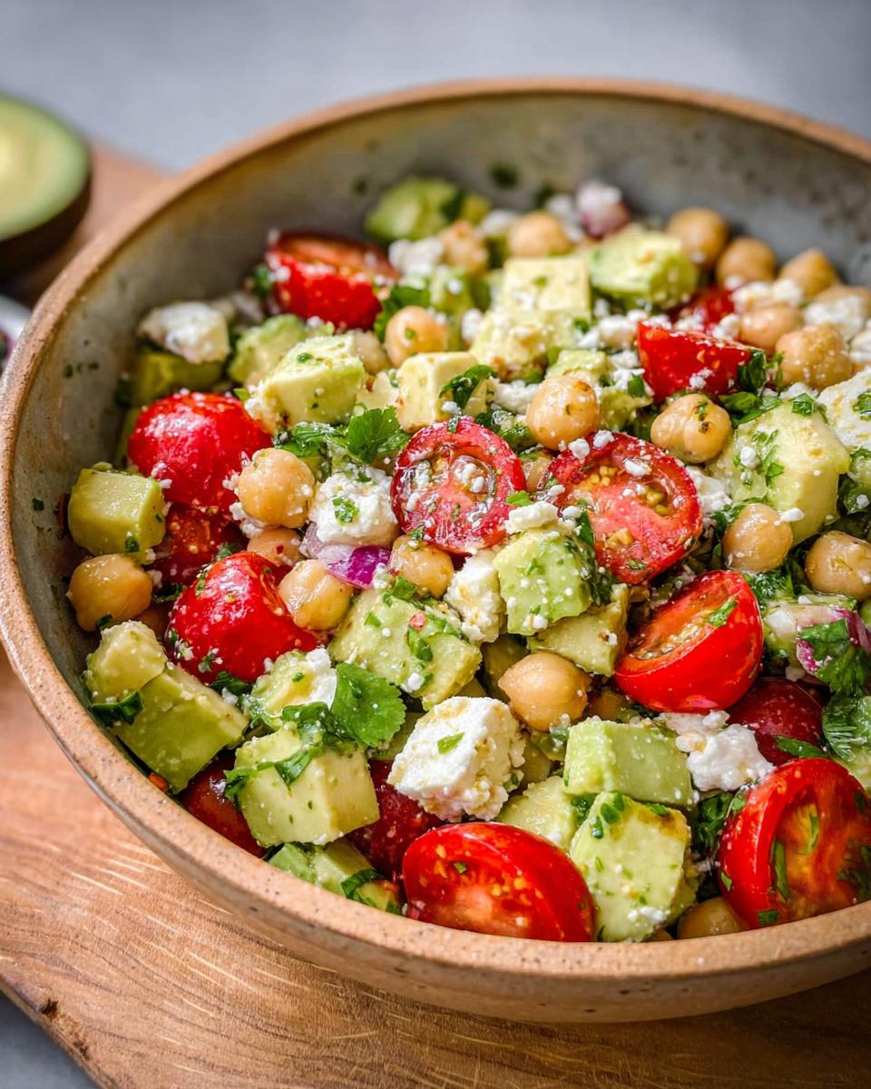 A vibrant bowl of Chickpea Feta Avocado Salad, featuring diced avocado, cherry tomatoes, chickpeas, feta cheese, and herbs.