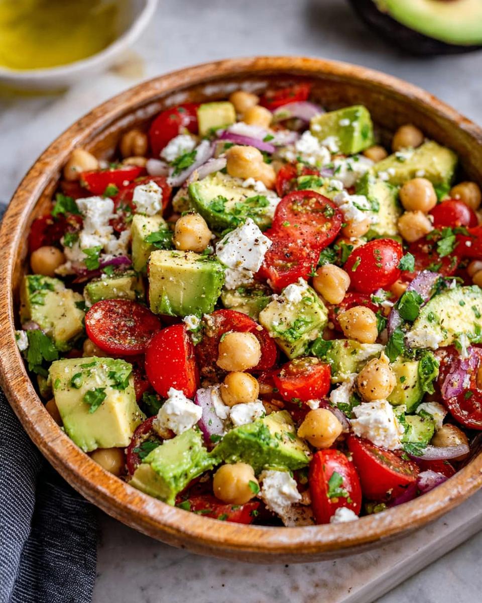 A vibrant bowl of Chickpea Feta Avocado Salad with cherry tomatoes, red onion, and fresh herbs.