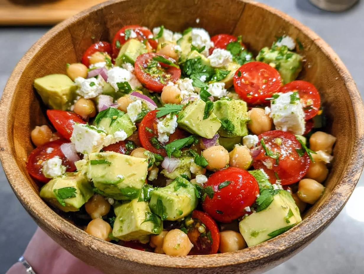 A vibrant Chickpea Feta Avocado Salad with cherry tomatoes, feta cheese, and fresh herbs in a wooden bowl.