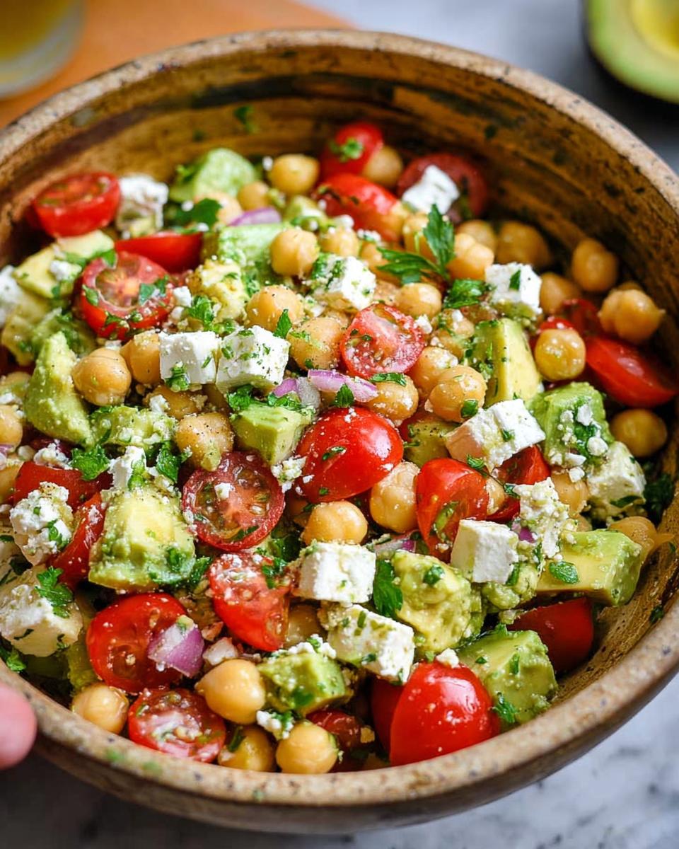 A vibrant bowl of Chickpea Feta Avocado Salad with cherry tomatoes, red onion, and fresh parsley.