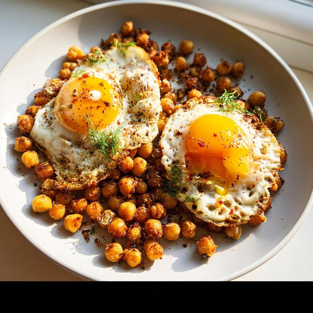 Two perfectly fried eggs served over crispy seasoned chickpeas, a delicious Chickpea Fried Eggs Recipe.