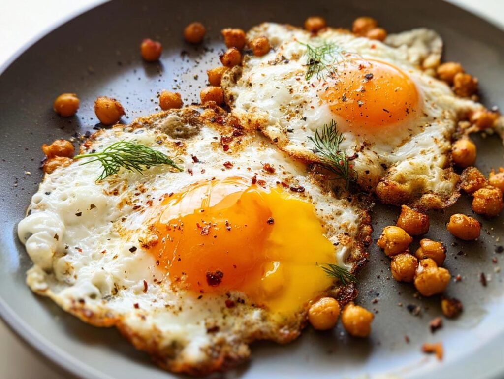 Two perfectly fried eggs with runny yolks, surrounded by crispy chickpeas and fresh dill. A delicious Chickpea Fried Eggs Recipe.