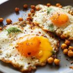Two perfectly fried eggs with runny yolks, surrounded by crispy chickpeas and fresh dill. A delicious Chickpea Fried Eggs Recipe.