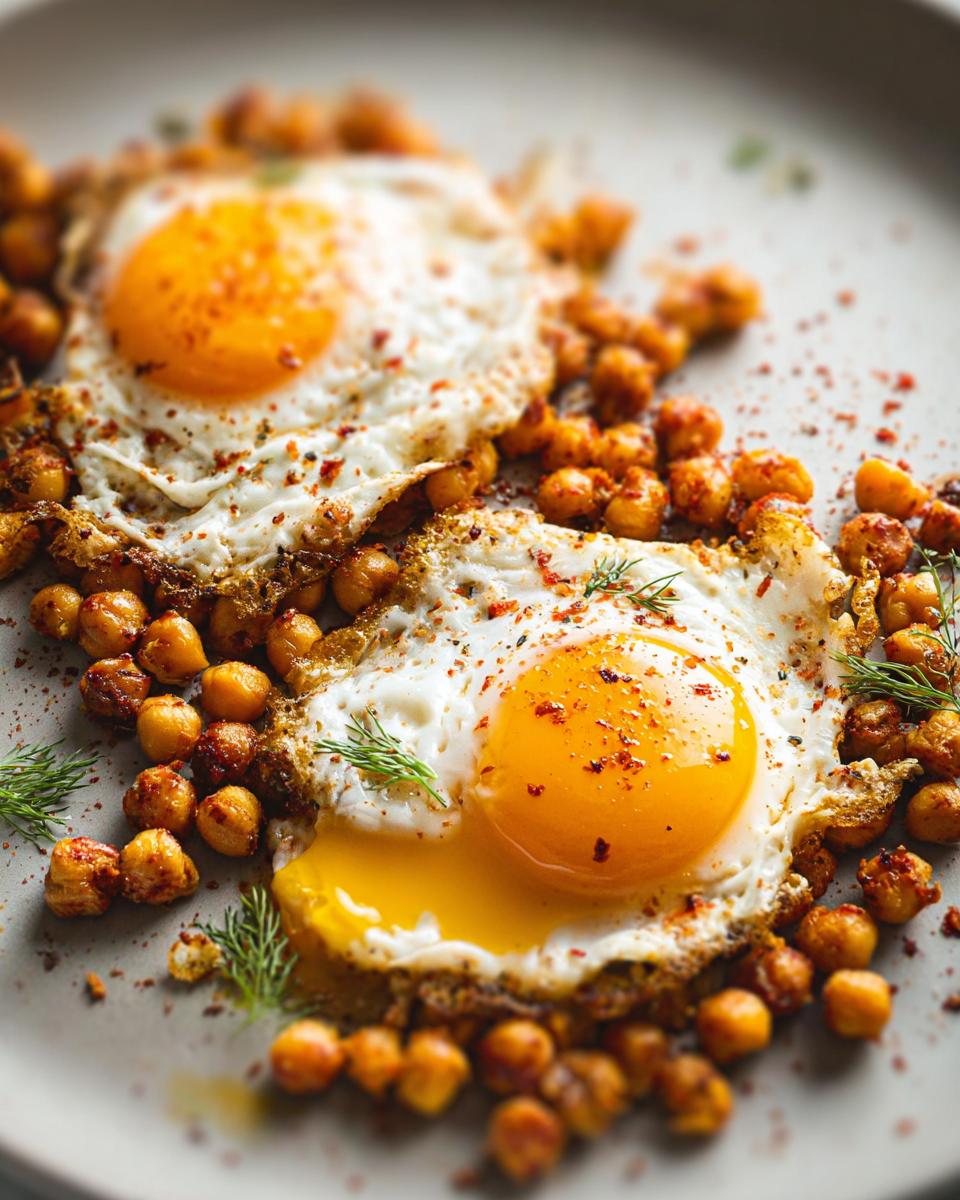 Two perfectly fried eggs served over seasoned chickpeas, a key component of the Chickpea Fried Eggs Recipe.