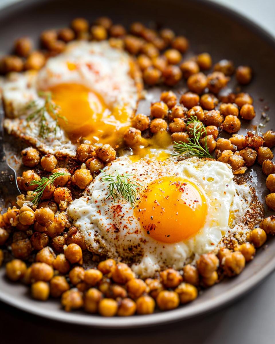 Close-up of two perfectly fried eggs nestled amongst seasoned chickpeas, a key ingredient in this Chickpea Fried Eggs Recipe.