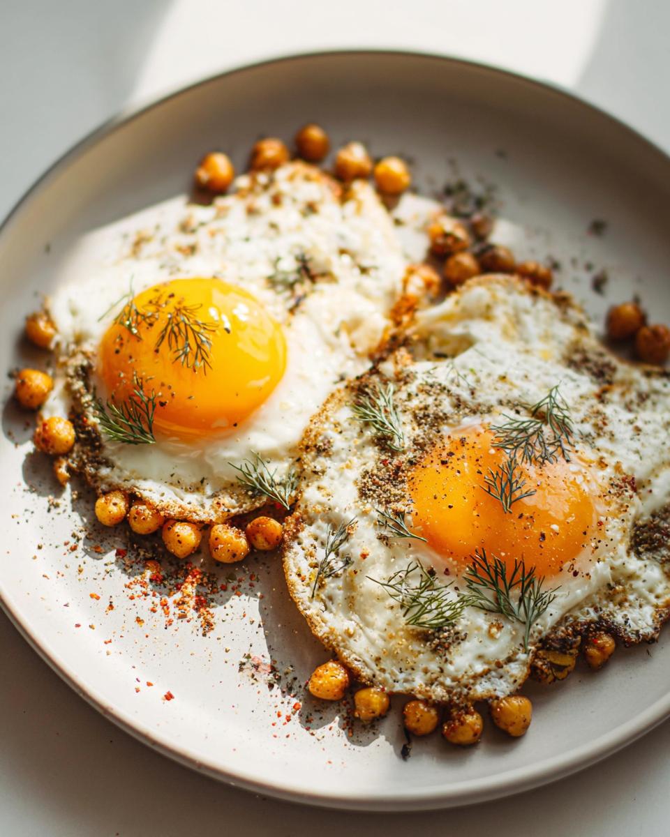 Two perfectly fried eggs served with roasted chickpeas and fresh dill, seasoned with spices. A delicious Chickpea Fried Eggs Recipe.