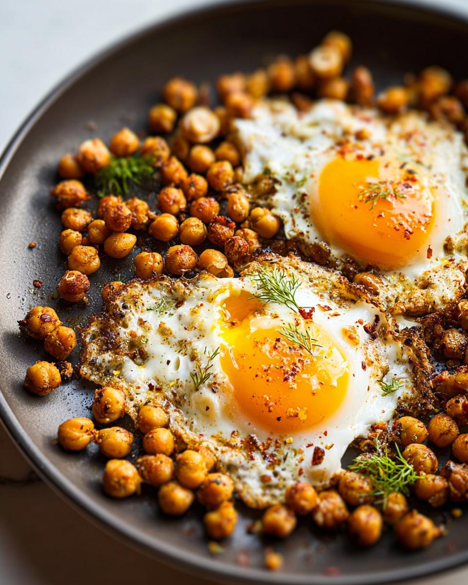 Close-up of a plate with two fried eggs and crispy chickpeas, seasoned with herbs and spices. A Chickpea Fried Eggs Recipe.