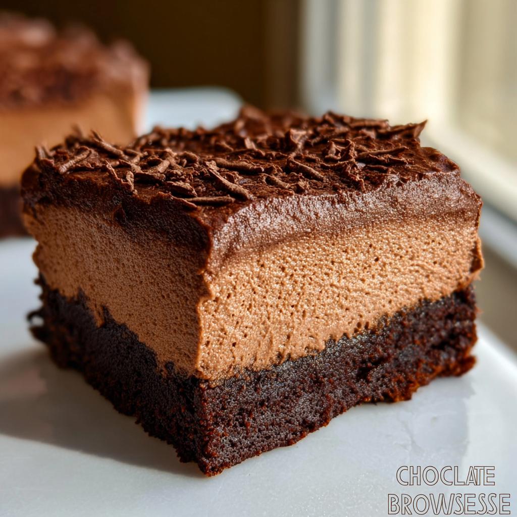 A decadent slice of Chocolate Mousse Brownies, featuring a dense brownie base topped with creamy chocolate mousse and chocolate shavings.