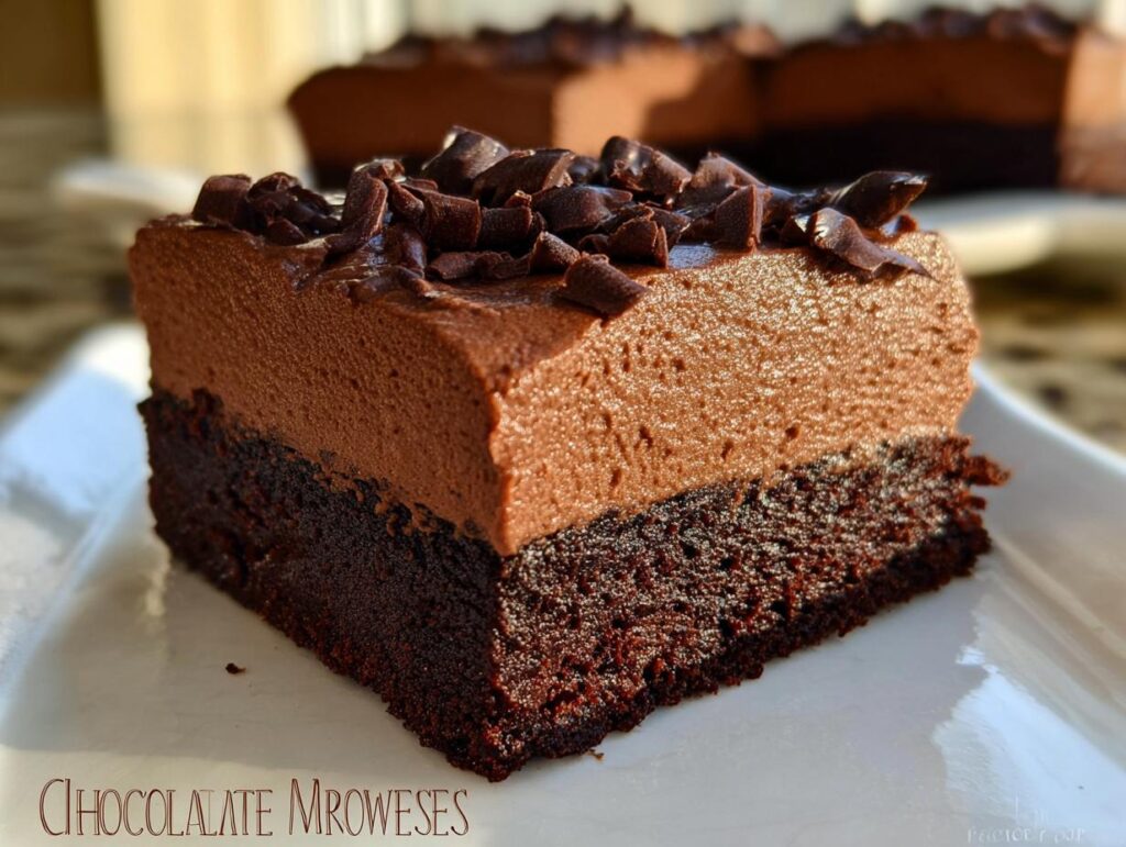 A rich slice of Chocolate Mousse Brownies, featuring a dense brownie base topped with smooth chocolate mousse and chocolate shavings.