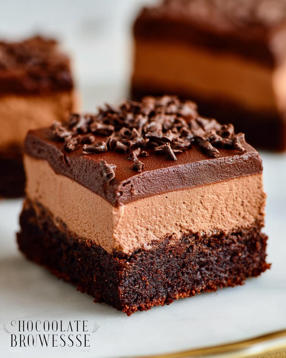 A decadent slice of Chocolate Mousse Brownies, featuring a rich brownie base and smooth chocolate mousse topping.