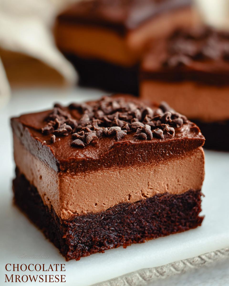 A decadent slice of Chocolate Mousse Brownies with a rich brownie base and creamy chocolate mousse topping, sprinkled with chocolate chips.