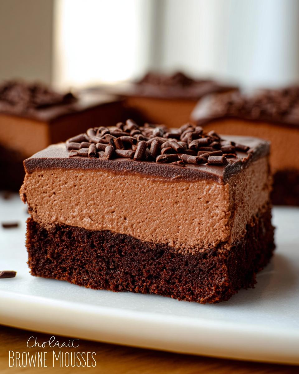 A decadent slice of Chocolate Mousse Brownies, featuring a dense brownie base topped with smooth chocolate mousse and chocolate shavings.
