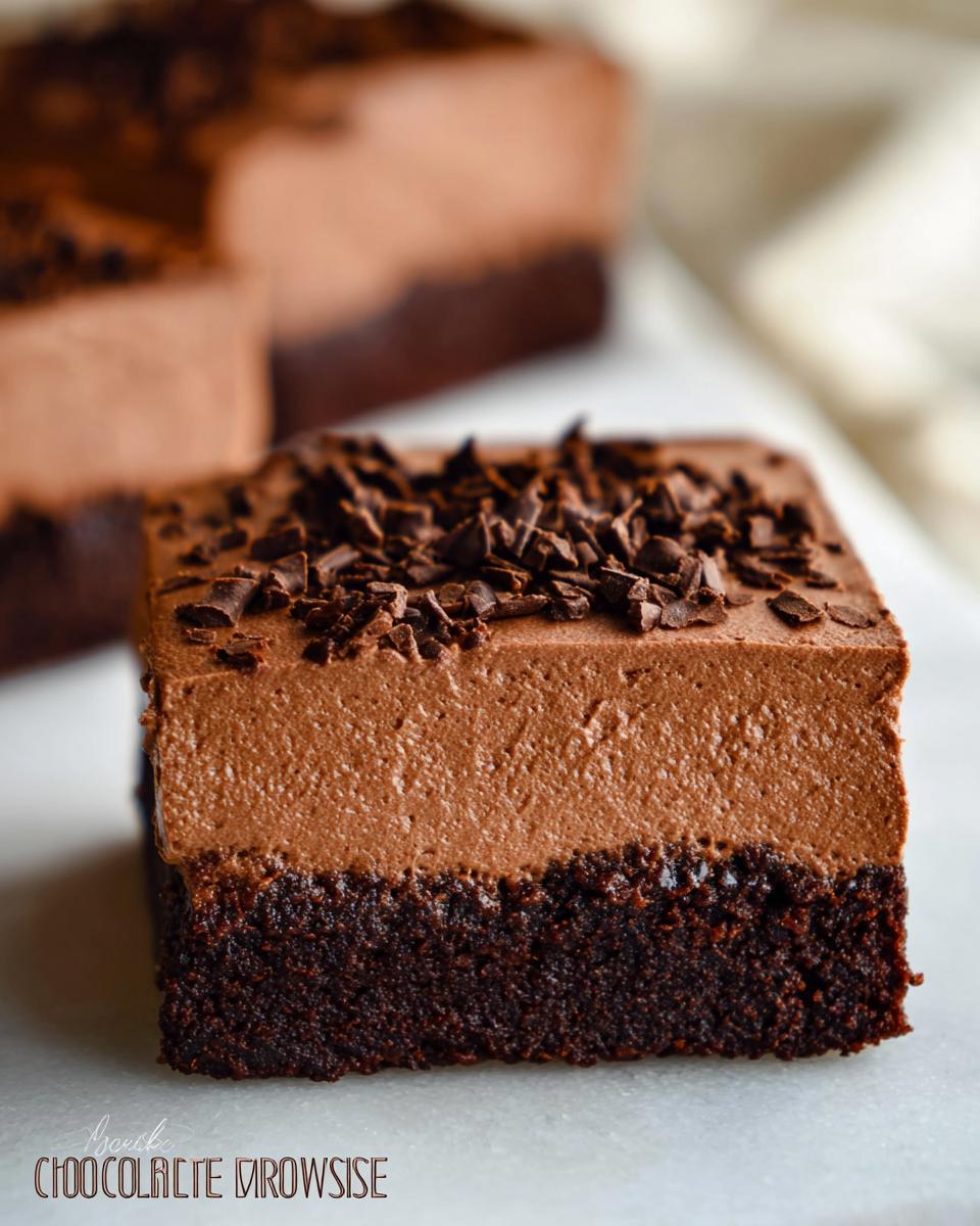 A close-up of a rich Chocolate Mousse Brownie, topped with chocolate shavings.