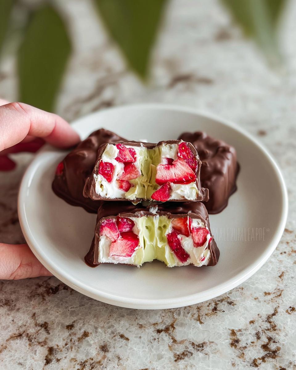Close-up of a chocolate-covered cluster cut in half, revealing a creamy yogurt filling with fresh strawberries in our Chocolate Strawberry Yogurt Clusters Recipe.