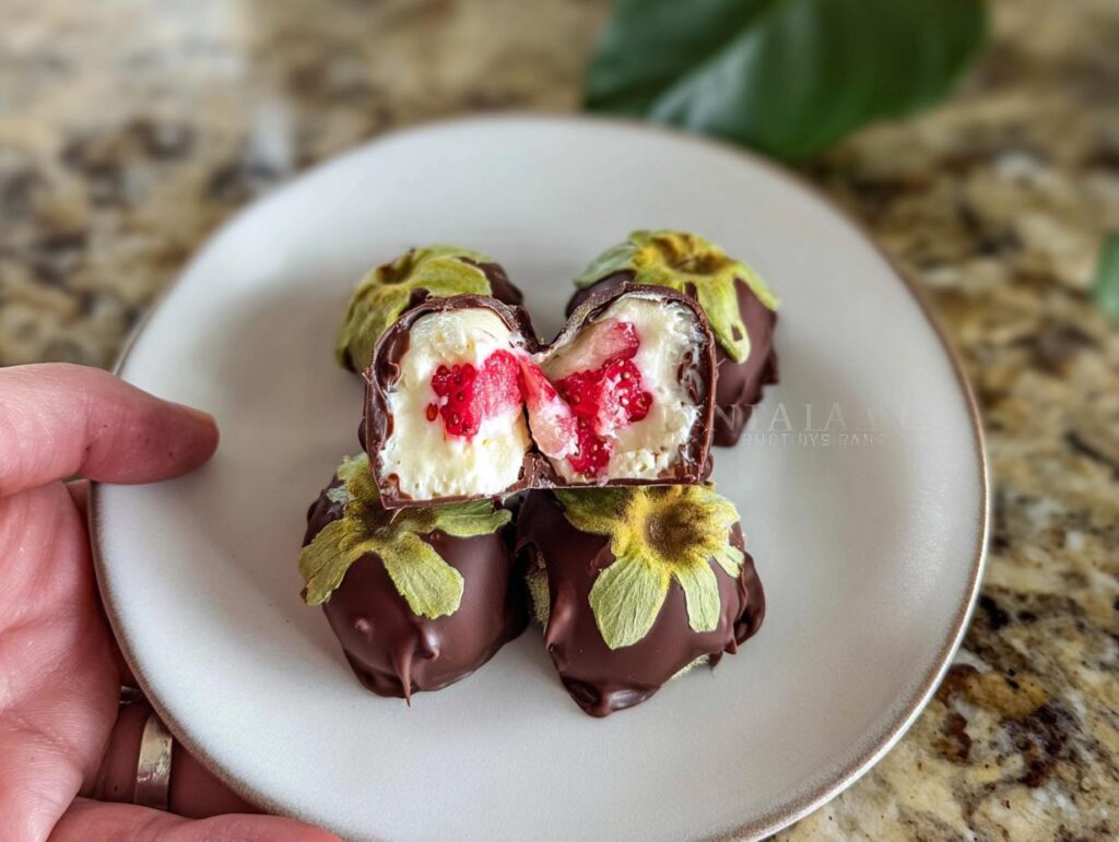 Close-up of chocolate-covered strawberry yogurt clusters, one cut open to reveal creamy filling and strawberries.
