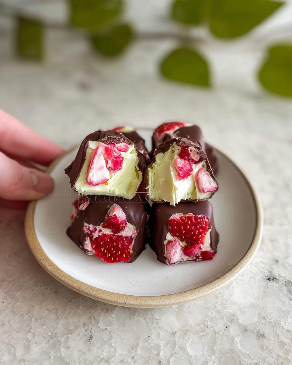 Close-up of Chocolate Strawberry Yogurt Clusters, showing a creamy yogurt filling with freeze-dried strawberries, coated in dark chocolate.