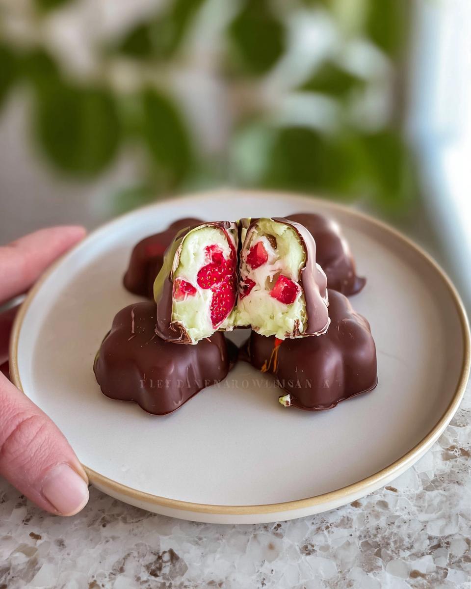 A cross-section of a chocolate-covered strawberry yogurt cluster, revealing fresh strawberries and creamy yogurt filling.