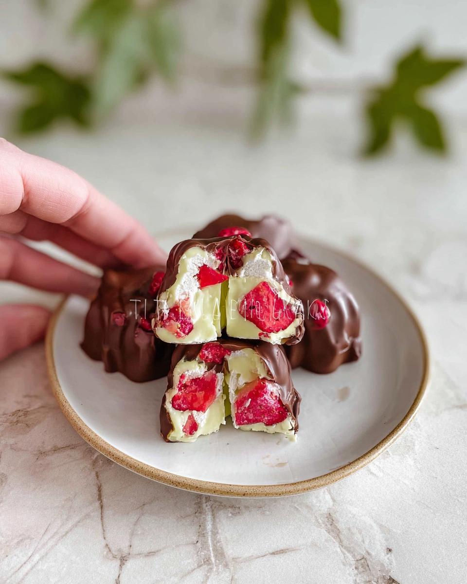 Close-up of chocolate strawberry yogurt clusters, showing the creamy yogurt center with pieces of strawberry.