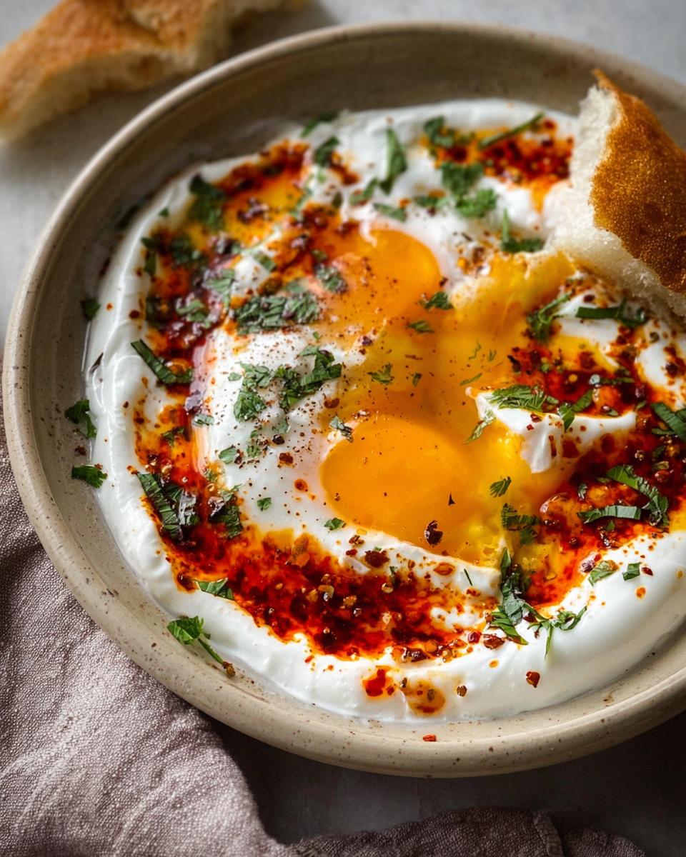 A close-up of Çılbır, Turkish eggs poached in creamy yogurt, topped with chili butter and fresh herbs, served with bread.