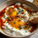 A close-up of Çılbır, Turkish eggs served over creamy yogurt, drizzled with chili butter and fresh dill, with a piece of toast.