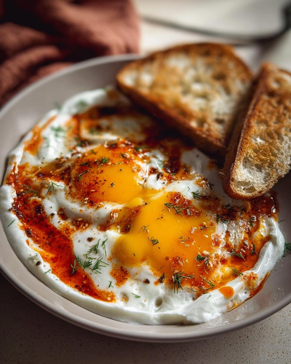 Close-up of Çılbır: Turkish Eggs with Creamy Yogurt & Butter Sauce, served with two slices of toasted bread.